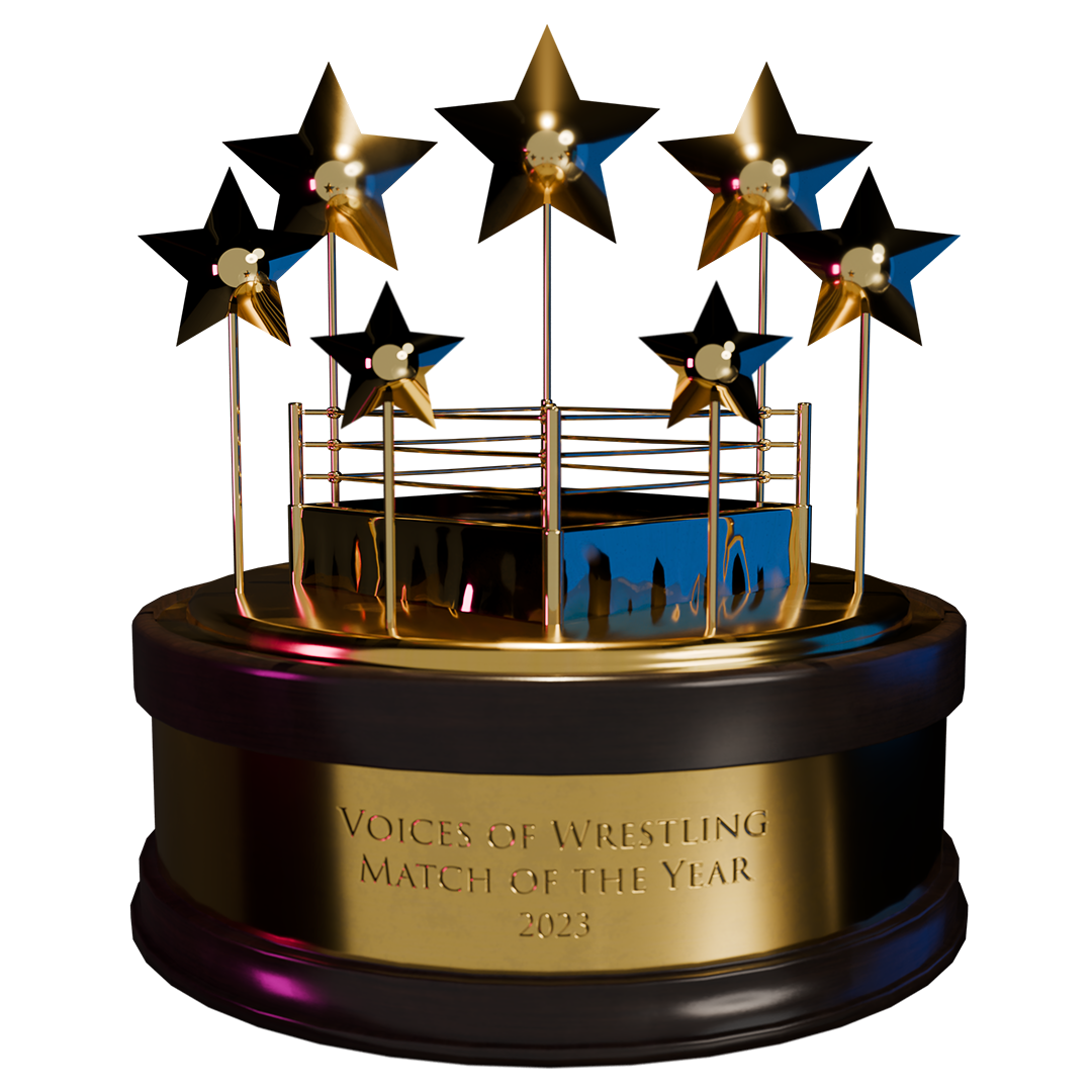 3D render of Match of the Year trophy showing 7 stars and a ring in gold atop a wooden base.
